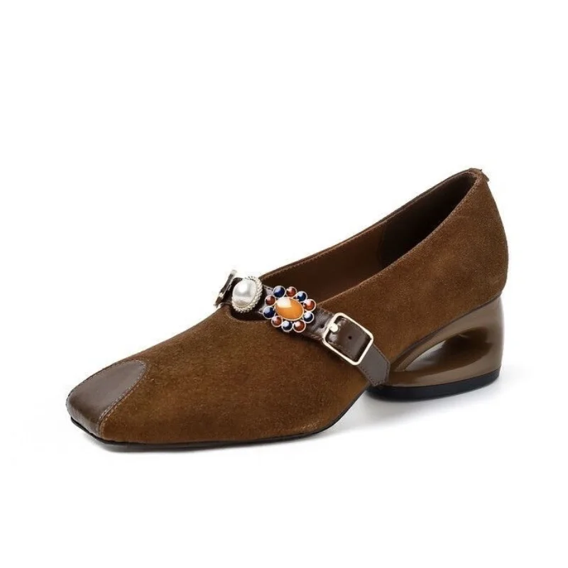 Женские замшевые ботинки с квадратным носком на высоком каблуке зимняя обувь 2025