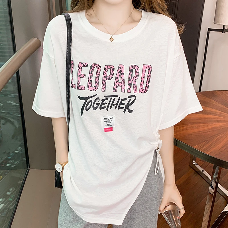 

White Design Tees Women Print Letter Loose All Match O Neck Split Fork Ruched Drawstring Korean Summer Hot Fashion New 2022