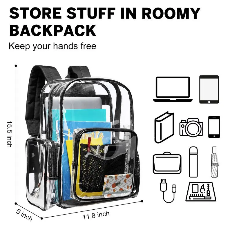 Large Clear Backpack Heavy Duty Stadium Approved School Bookbag Waterproof PVC Transparent Backpacks for Kids Adults Clear Bag w