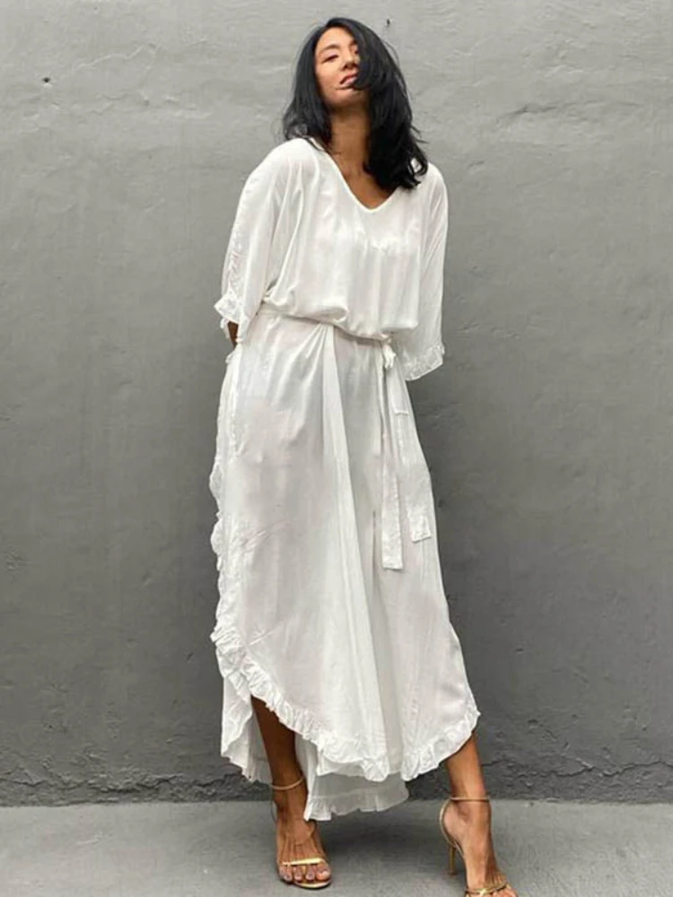 

White Beach Dresses Ruffle Kaftans for Women Maxi Swimsuit Cover Up for Swimwear V Neck Elegant Summer Bathing Suits Beachwear