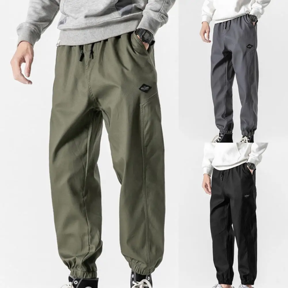 

Men's Pants Solid Color Ankle-banded Elastic Waist Wear-resistant Trousers Straight Casual Mid Waist Pants for Autumn Winter