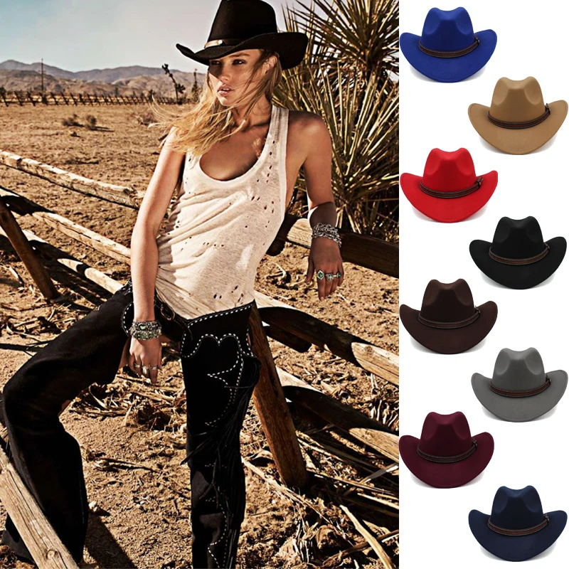 

3 Sizes Parent-child Men Women Kids Children Woolen Western Cowboy Hat Wide Brim Sunhat Party Travel Outdoor Cap Classical Retro