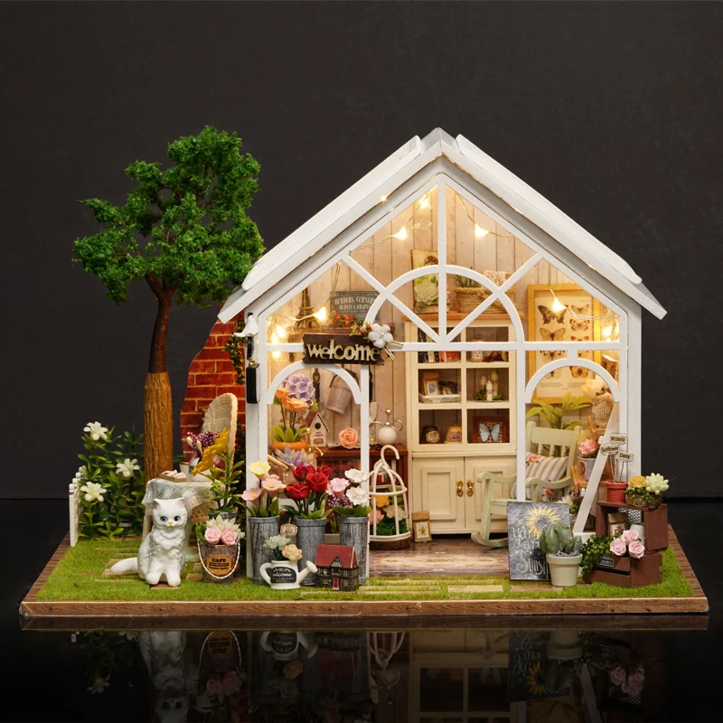 Фото DIY Wooden Sunshine Greenhouse Cottage Figurines Miniatures Kits Assembled Houses Casa Friends Birthday Gifts Home Decor Crafts №3