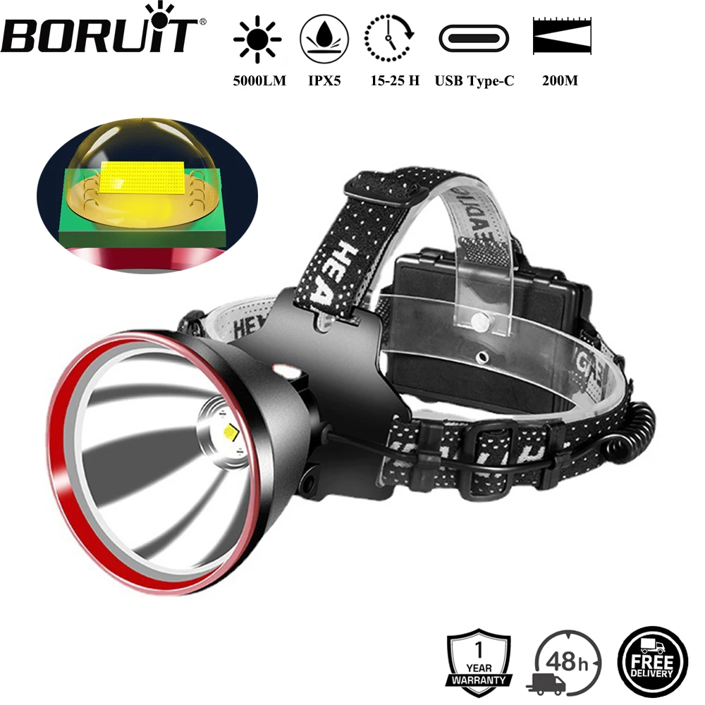 

BORUiT 5000LM SST40 водонепроницаемый налобный фонарь
