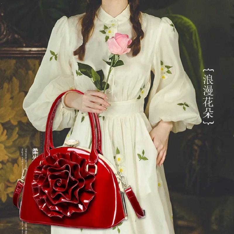 Women New Fashion Patent Leather Big Flowers Shell Bag Tote Bag  Handbags Shoulder Crossbody Bag Party Club Bag Diamond Buckle