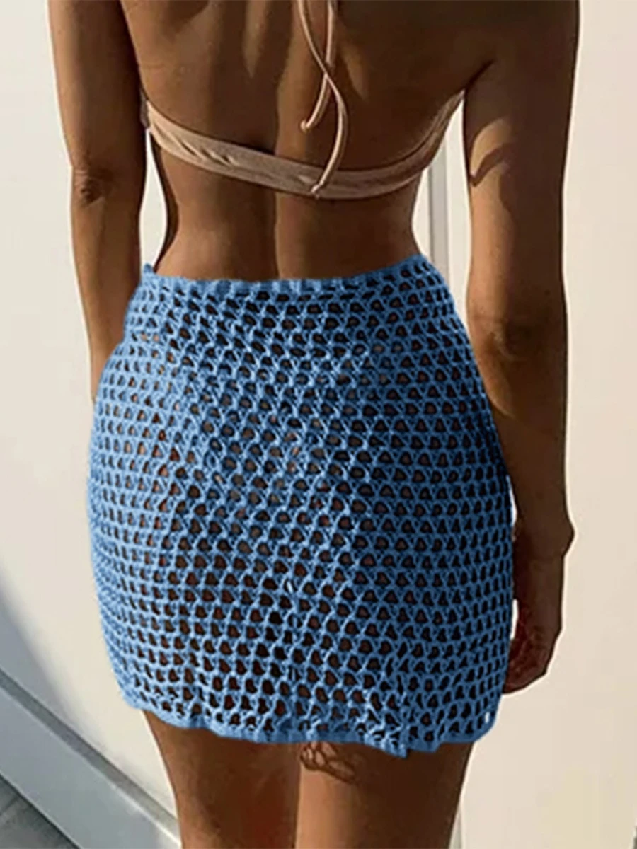 Лето 2023 женские пляжные юбки накидка полая однотонная летняя мини-вязаная юбка