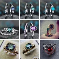 vintage blue green color halo 925 sterling silver wedding ring set for women lady anniversary gift jewelry bulk sell r5721