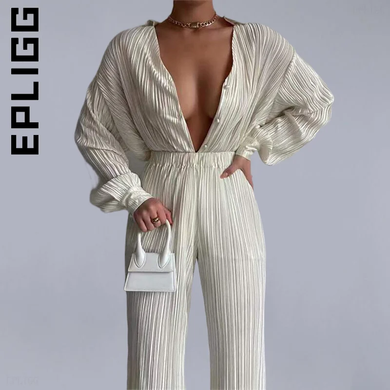 

Epligg Women Set New Party Women's Suit Lady Pants Sets Pleated Notched Single-Breasted Pants Sets Womens Tracksuit Set Female
