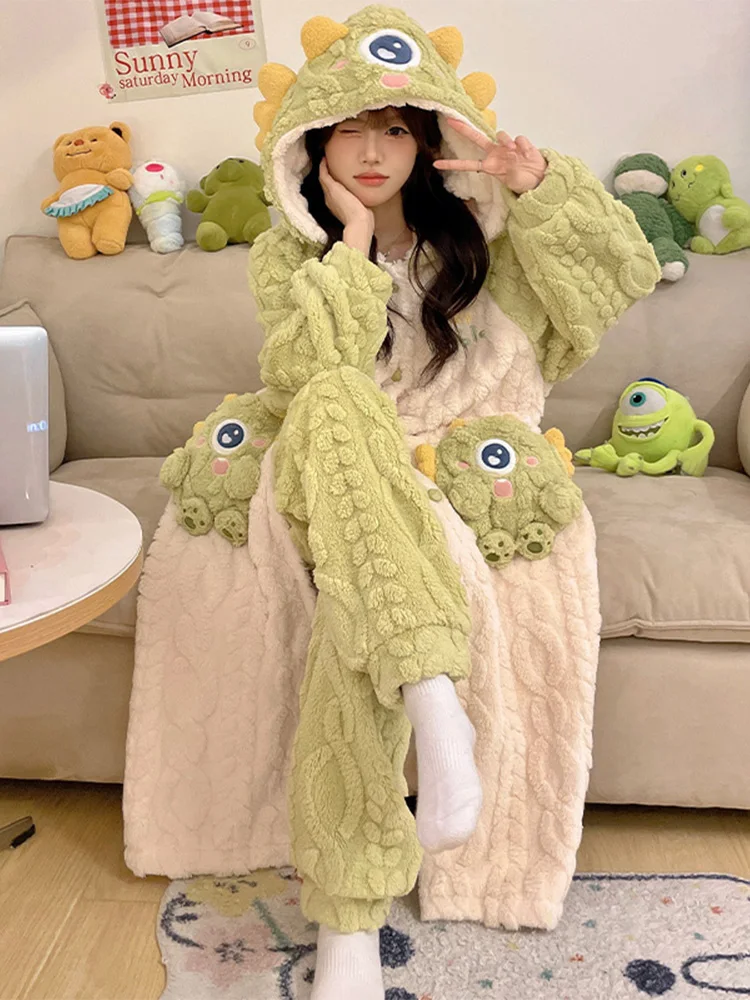 Coral Fleece Pajamas Autumn and Winter Women Thickened Cartoon Cute Hood Long sleeve Nightgown Flannel Home Wear Set