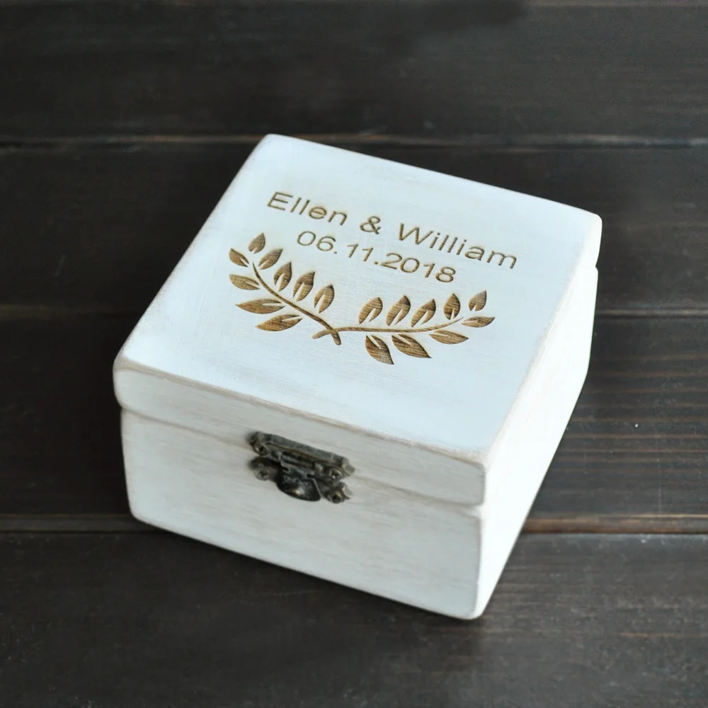 

Personalized Ring Box Custom Ring Bearer Square Jewelry Box Wooden Engagement Rings Holder Customized Names Date Gift for Bride