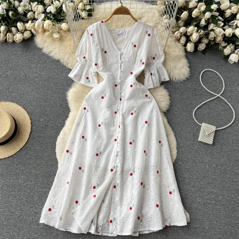 

WEIHAOBANG 2022 Summer Women's New Embroidered V-neck Single Breasted Short Sleeve High Waist Dress Slim Long A-line Skirt