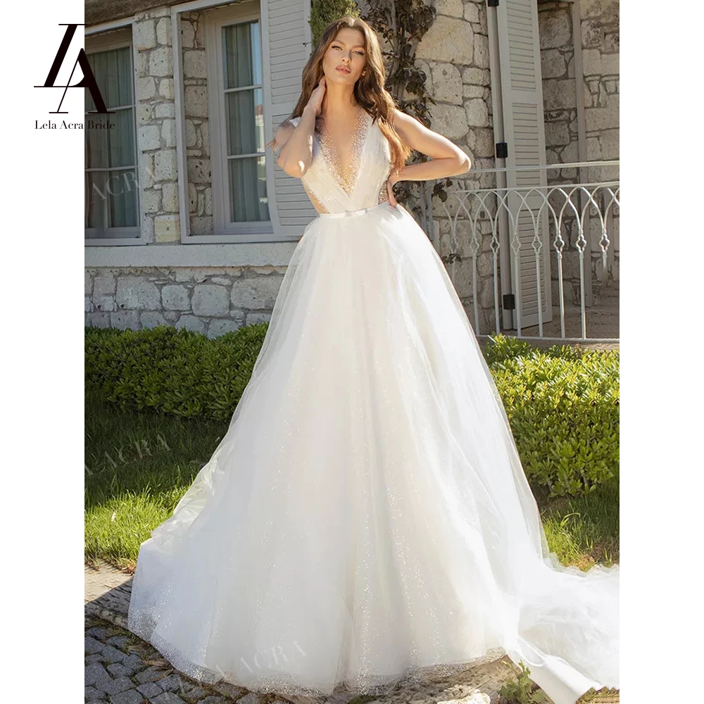 

LelaAcra V-neck Shiny Wedding Dress 2023 Beaded Sleeveless A-Line Court Train Princess Bride Gowns OM94 Button Vestido de Noiva