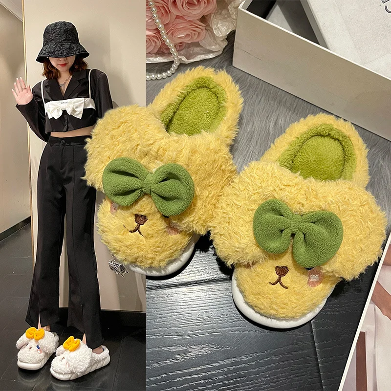 

Теплые Шлепанцы из искусственного меха для женщин, домашняя обувь для дома, мягкие плюшевые меховые тапочки с бантом и открытым носком, слан...