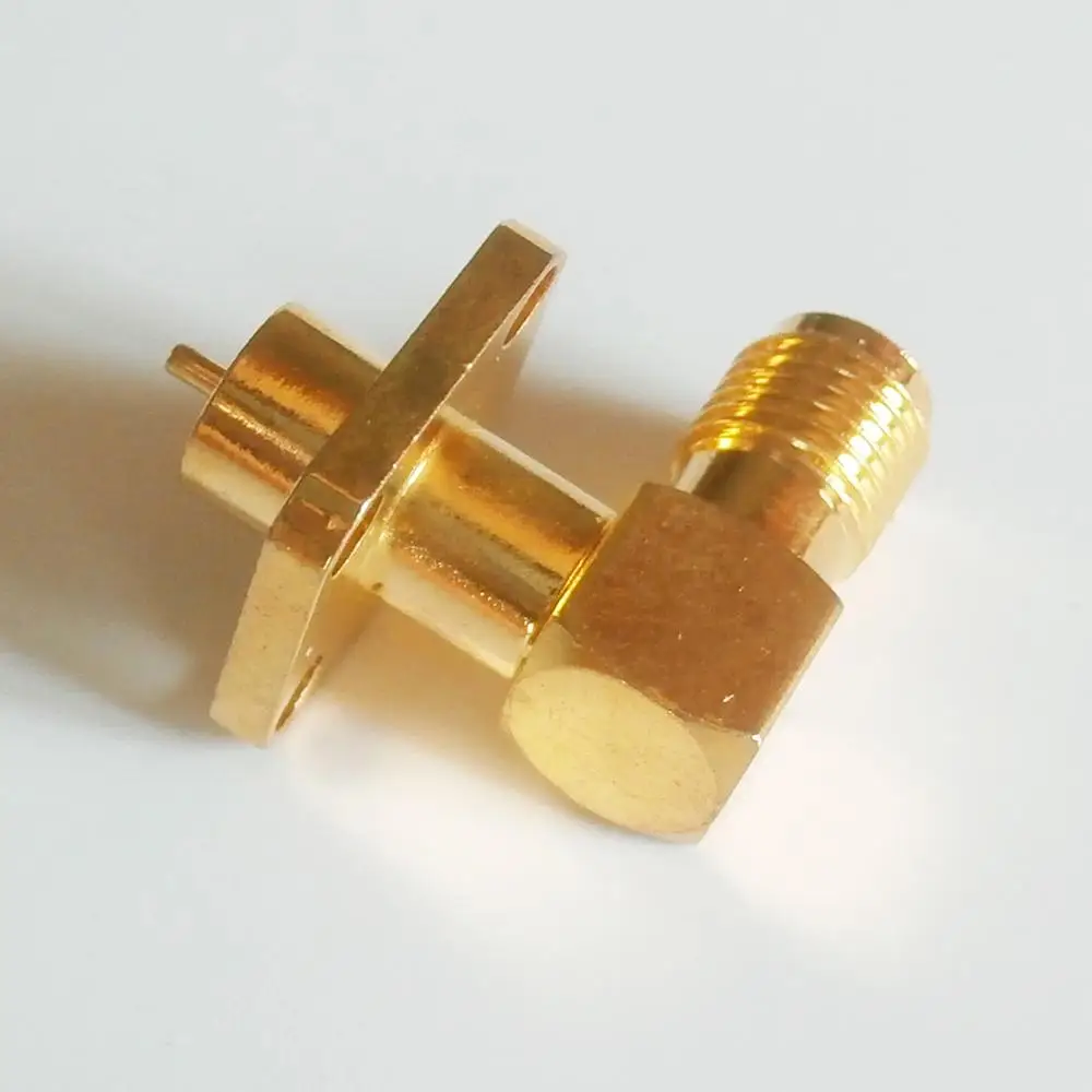 

1X New RF Connector SMA Female jack deck Solder Copper Body With 4 Hole Flange Chassis Panel Mount 90 Degree Right Angle