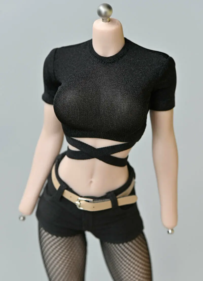 

1/6th Female Soldier Black Short Show Waist Tie T-shirt Model for 12"Tbl Ph Body