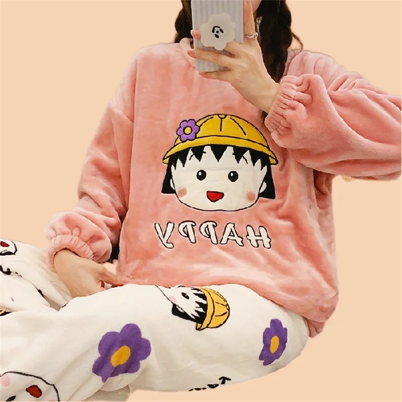 Women's Pajamas Set Plush Warm Pyjamas Funny Cartoon Print Homewear Full-Sleeve Long Pants 2Piece/Set Cozy Sleepwear