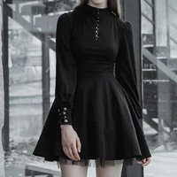 dark black lace up round neck button solid close waist show thin a line pleated dress for women