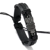 genuine leather cuff bracelet jewelry vintage metal owl charm fasten braided handmade bracelet for women men