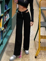 hollow out straight streetwear women fashion clothes zipper closure high waisted trousers women pants solid black sexy capris