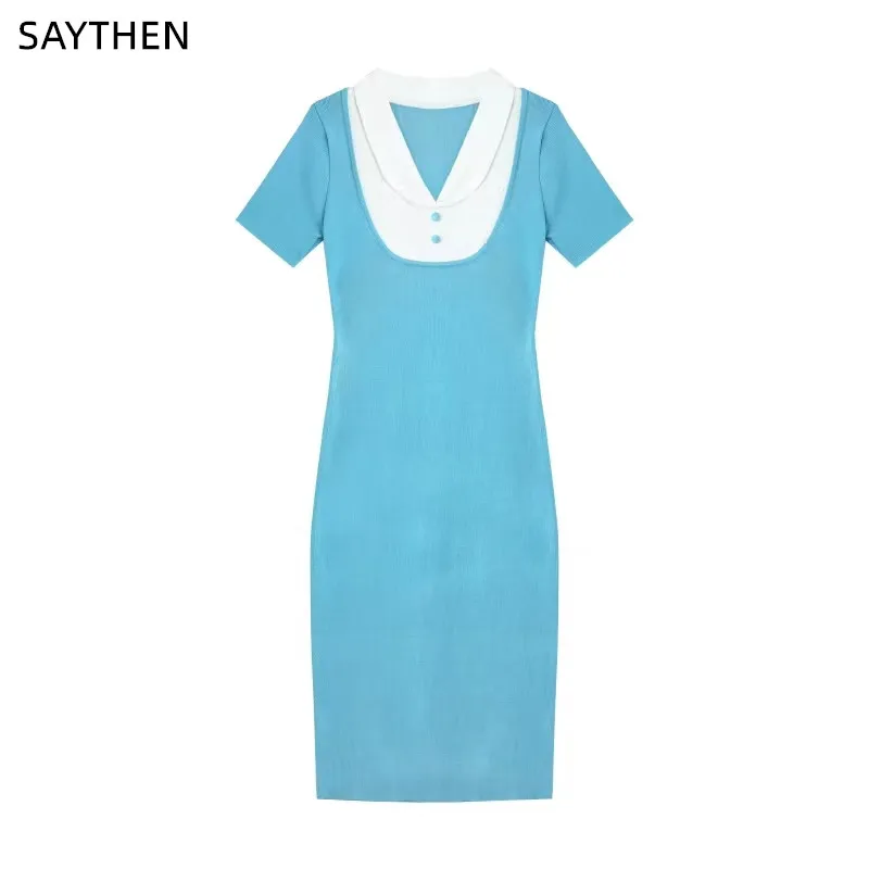 

SAYTHEN Doll Collar Elegant Color Matching Short-Sleeved Slim Fit, Thin And Curvy, Age-Reducing Lapel Temperament Knitted Skirt