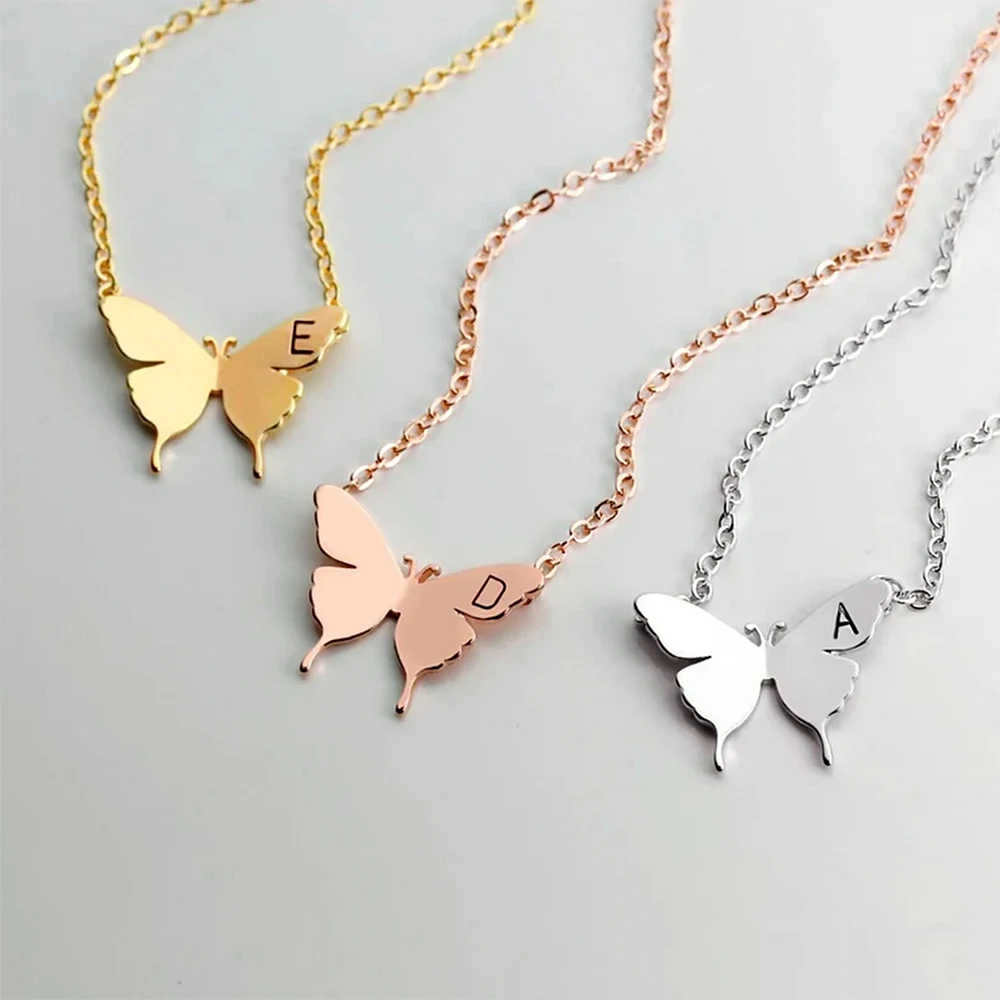 

Butterfly Letters Necklaces Initial Pendant Monogram Necklace Stainless Steel Chain For Ladies Banquet Wedding Jewelry Gift