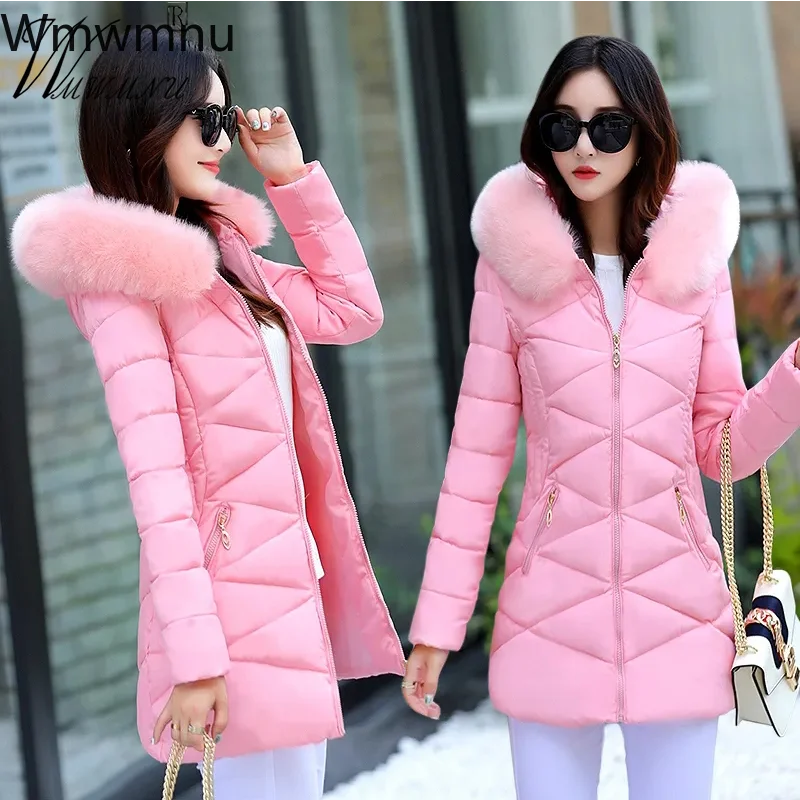 

Pink Slim Women Cotton Jackets Korean Zipper Winter Coats Warm Mid Length Quilted Outerwear Detachable Fur Collar Hooded Parkas