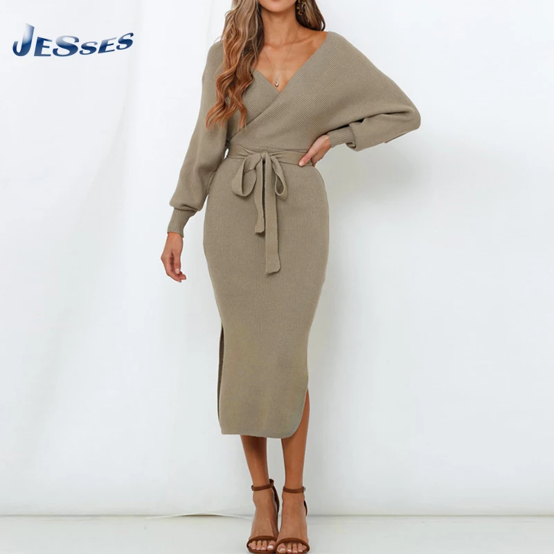 

Sexy Knitted V-neck Dress Autumn Full Sleeve Split Hip Dresses 2021 New Arrivals Slim Elegant Party Robes Femme Bow Tie Vestidos