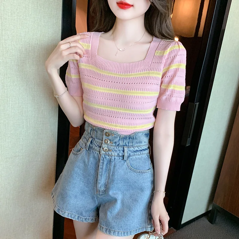 

2023 summer new sweet wind striped square collar thin short-sleeved knitwear with hollowing age reduction