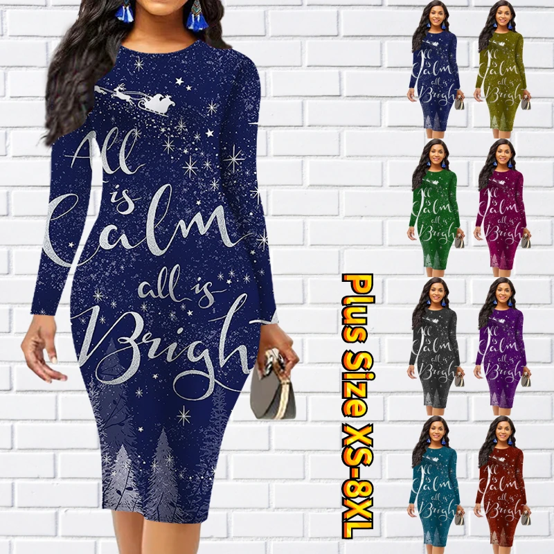 

2022 Autumn Temperament Dress Round Neck Long Sleeve Skirt Fashion New Design Print Tight Skirt Winter Casual Knee Length Skirt