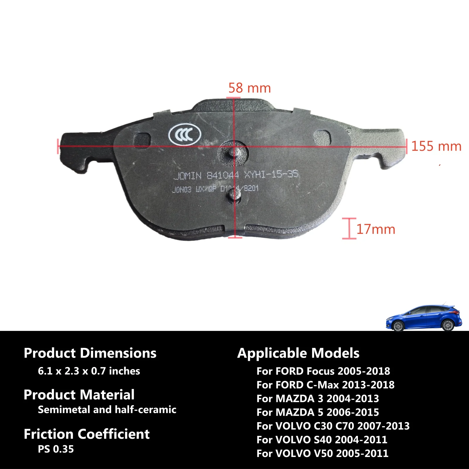 Комплект передних керамических тормозных колодок 841044 для FORD C-MAX, Ecosport, FORD Escape, MAZDA 3, VOLVO C30, C70, S40, V50, OE C2Y33323ZA (art.: 3920d284edff4) - 3920d284edff4