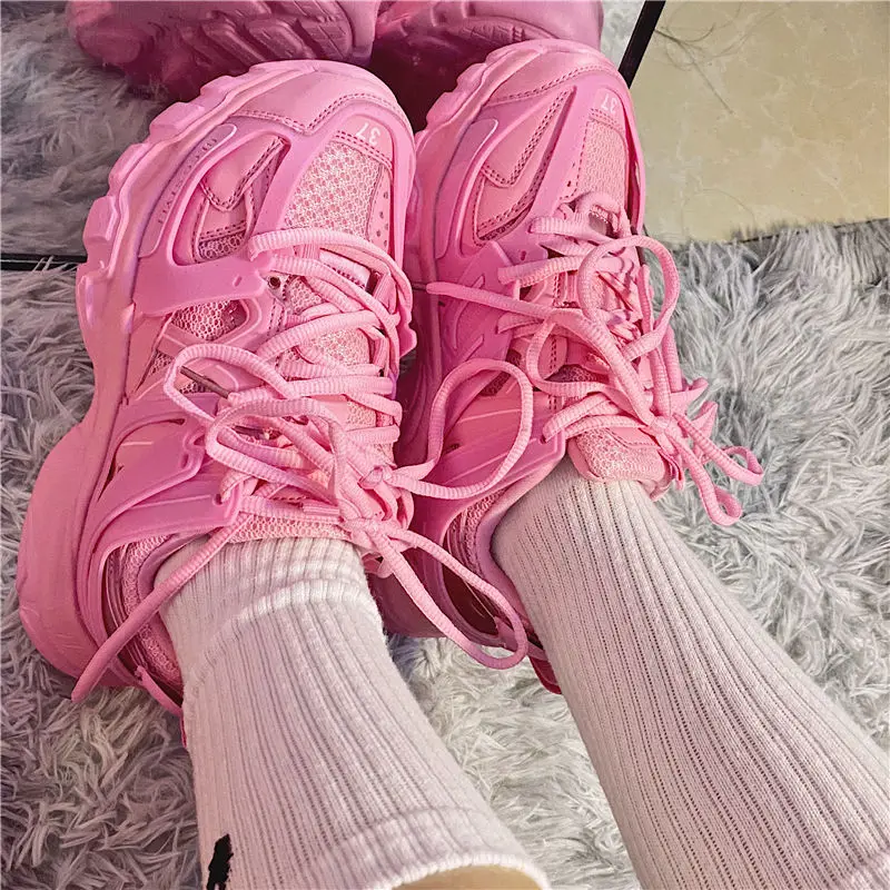 Lovely Pink Chunky Sneakers Women 2021 Thick Sole Girls Sport Shoes Bright Green Fashion Casual Dad Shoes Female Footwear