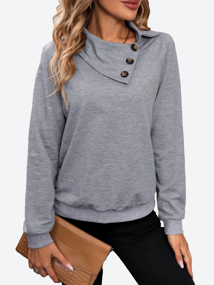 

Benuynffy 2023 New Autumn Button Detail Grey Sweatshirt Women Fashion Raglan Sleeve Solid Color Female Pullover Top Clothes