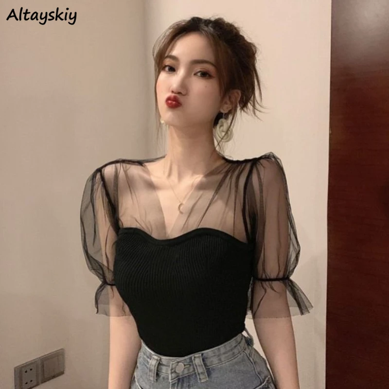 

Blouses Women Hotsweet Sheer Chic Patchwork Summer Hot Sale Aesthetic Clothing Elegant Sexy V-neck Designed Simple Tender Female