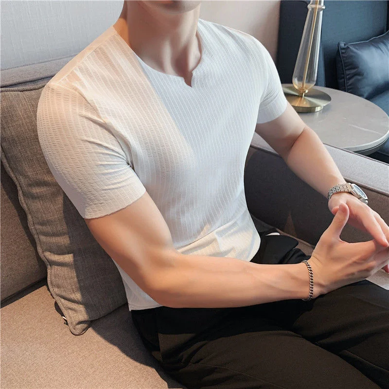 

Men's Fashion Ice Silk Short Sleeve T-shirt Korean Solid White Versatile Thin Slim Summer Top Fitness Rave Baseball Shirt Japan