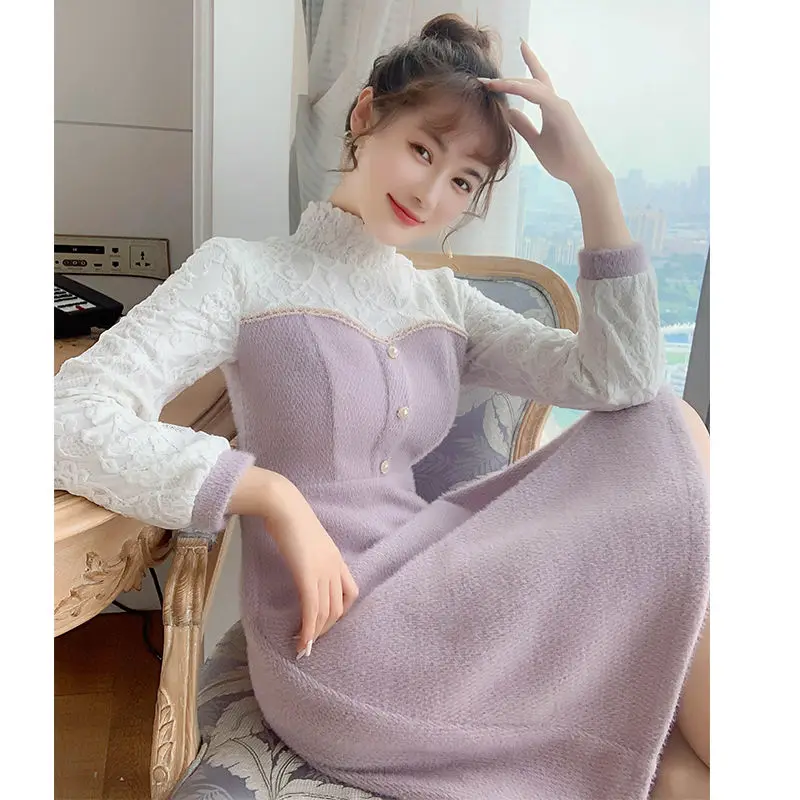 

Skirt with Coat Long Sweater Skirt Underneath Over-the-knee Panels Purple Knit Bottom Dress Autumn and Winter