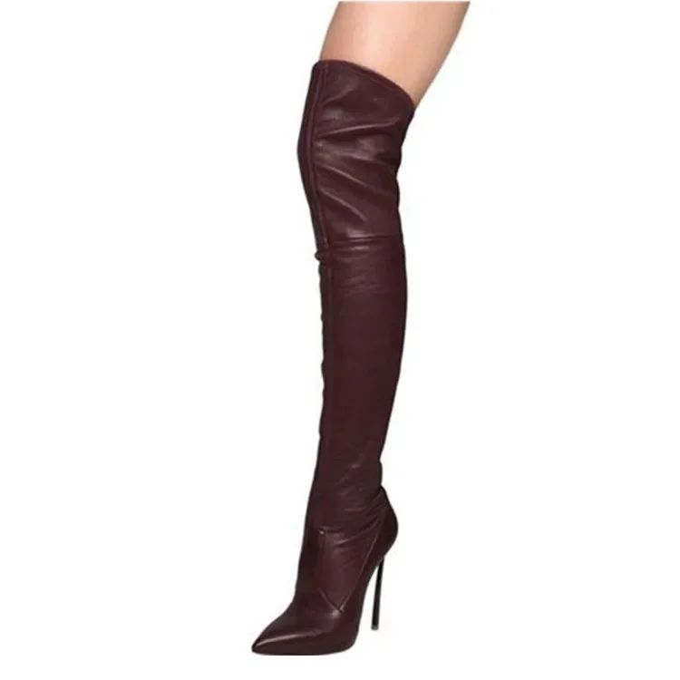 Сексуальные сапоги до бедра на металлическом каблуке с острым носком черные