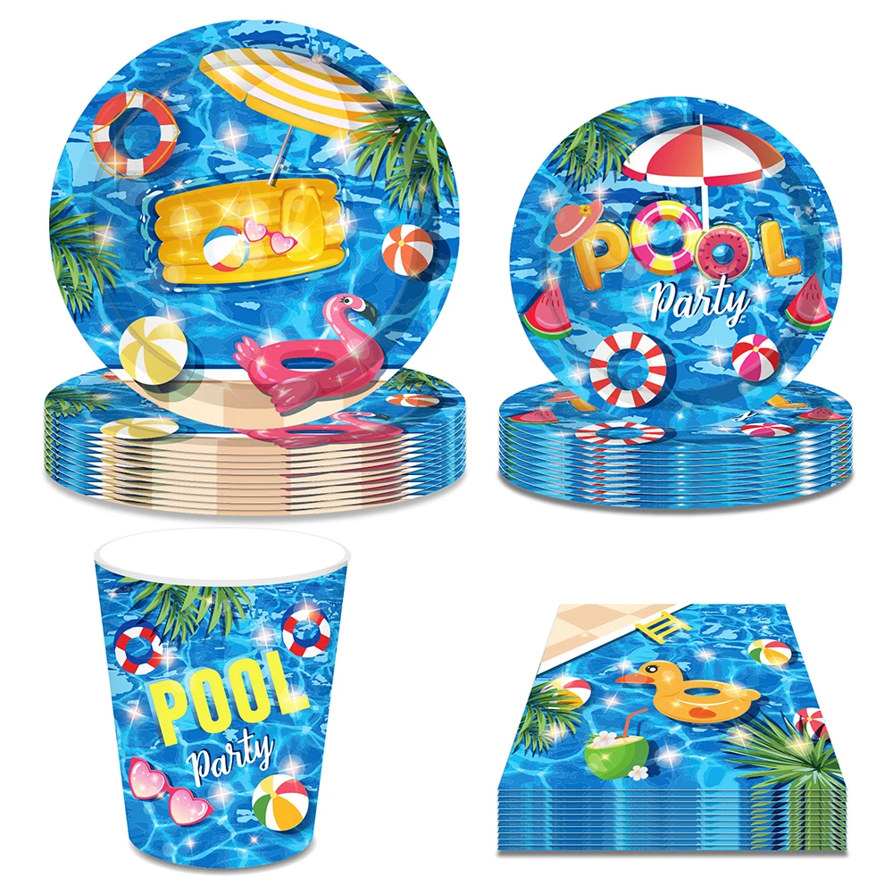 

Fresh Hawaii Summer Swimming Pool Birthday Party Disposable Tableware Sets Plates Cups Kids Baby Shower Party Decorations
