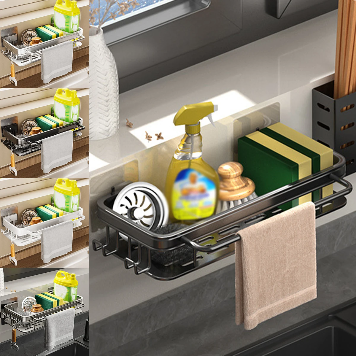 

Стеллаж для хранения специй, нержавеющий алюминиевый подвесной стеллаж для душа с держателем для полотенец, крючок, прочный клей, без сверл...