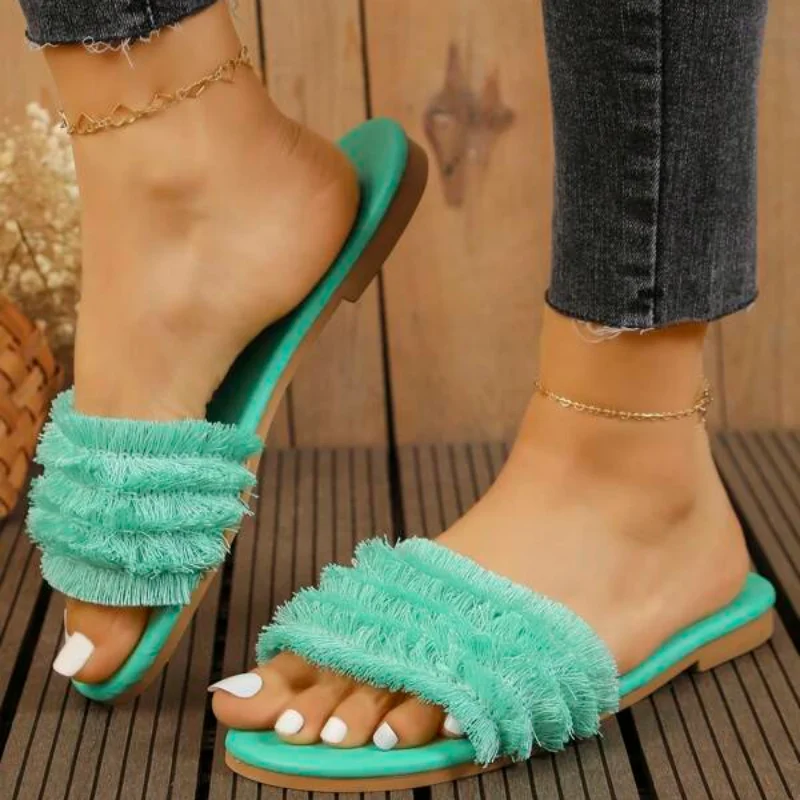 Vacation Fringe Detail Single Band Flat Sandals Women's Summer Fashion Casual Party Slides Outdoor Slippers Open Toe Pumps Shoes