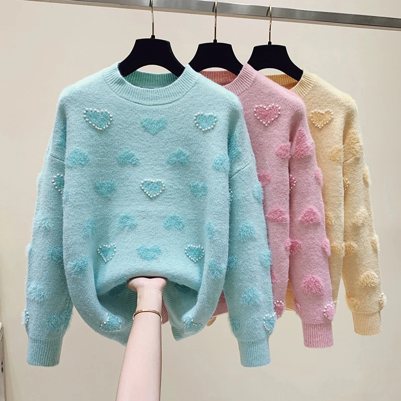 

Beading Love Sweater Women's Clothing 2022 New Korean Soft Long Sleeve Pullover Female Elegant Jumper Sweet Loose knittted Tops