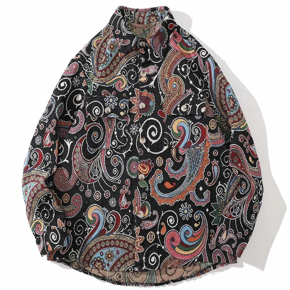 

Рубашка мужская с длинным рукавом, винтажная свободная сорочка с разноцветной вышивкой Пейсли тоут, модная повседневная Уличная одежда в с...