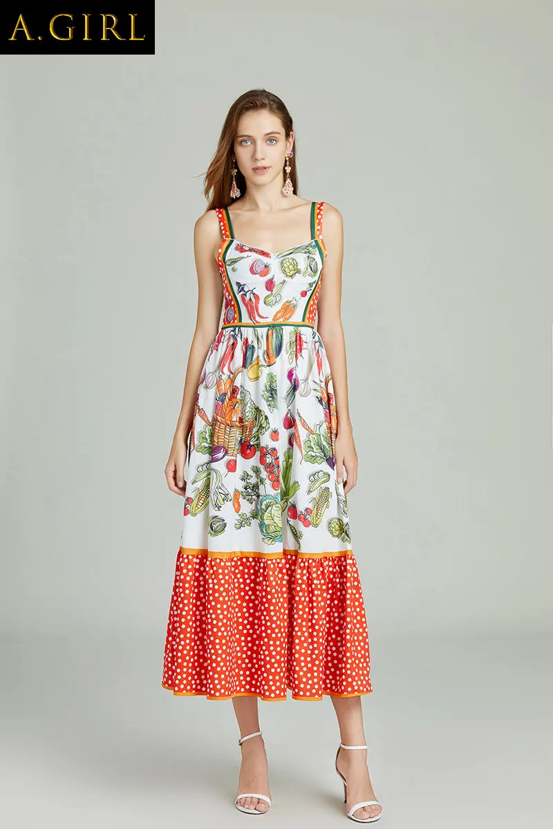 

A GIRLS Banulin Runway Designer Summer Dress Women's V-Neck Spaghetti Strap Fruit and Vegetable Print Party Midi Dress