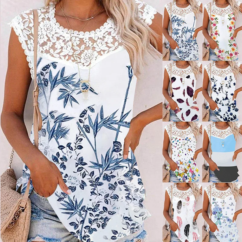 

Bikoles 2022New Summer Sexy O Neck Sleevelss Women's Tops Casual Fashion Print Lace Patchwork Temperament Ladies T Shirt Clothes