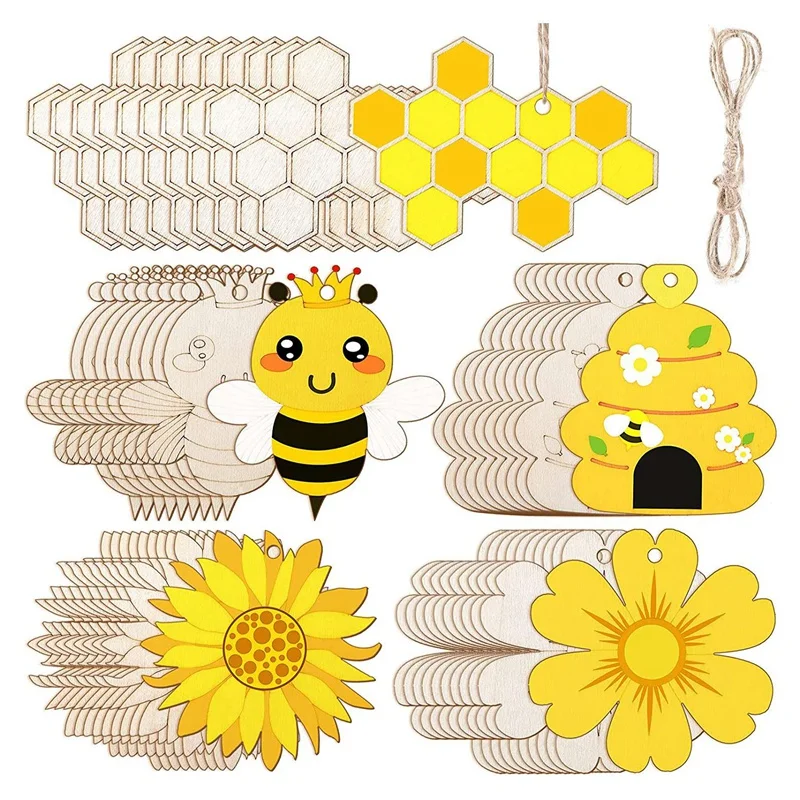 

50 PCS Blank Wooden Bee Flower Set Unfinished Wooden Cutouts Signs Paint DIY Crafts For Kids Painting Home Decoration