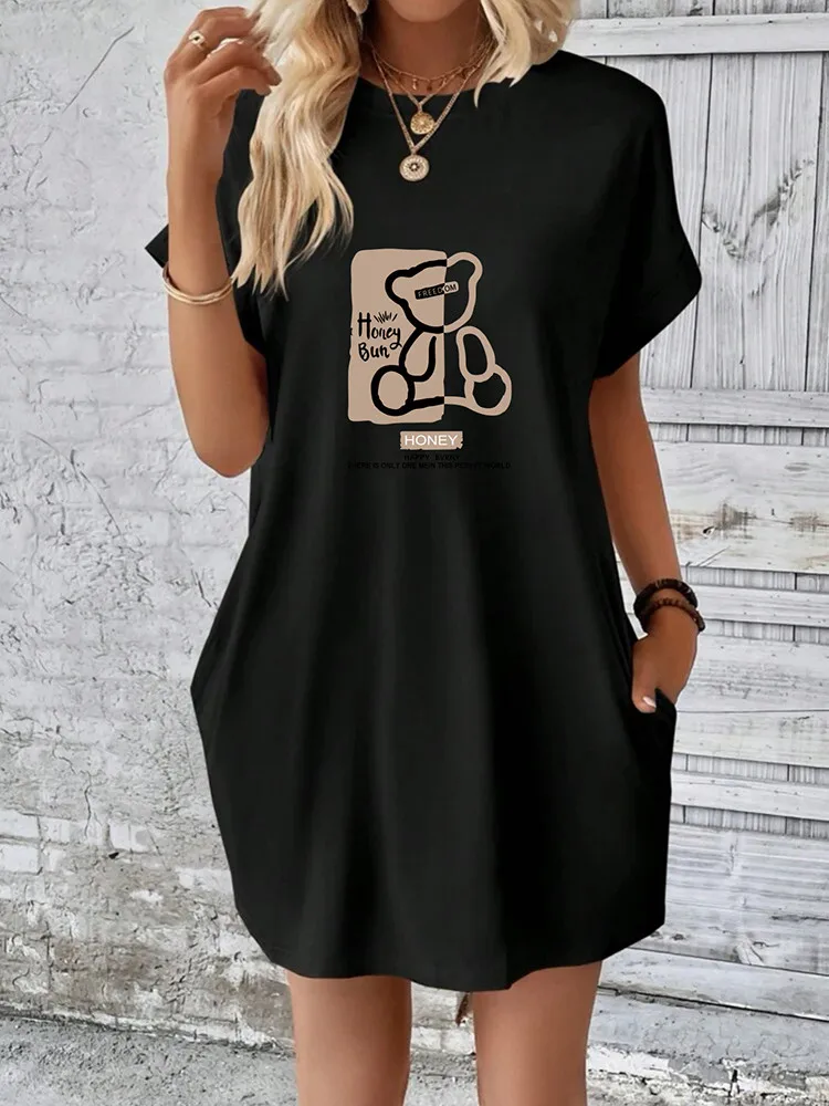 damska sukienka Kawaii w stylu casual luźny krój do kolan poliester moda lecie z kieszeniami