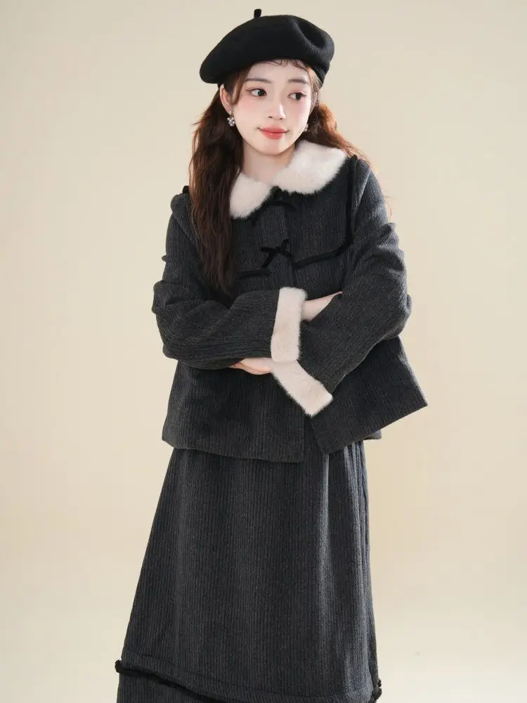 Костюм с юбкой шерстяное пальто стеганая куртка лацканами + юбка трапециевидной