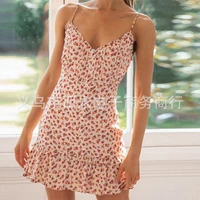 2022 womens summer new v neck floral flounced skirt european and american sweet temperament printed suspender skirt
