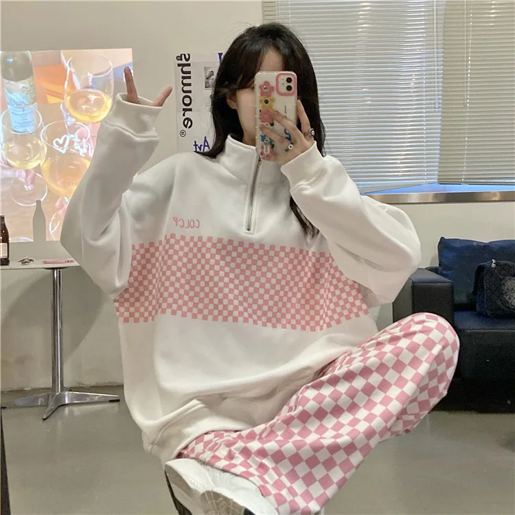 

Женская толстовка в клетку, с воротником-поло, на молнии