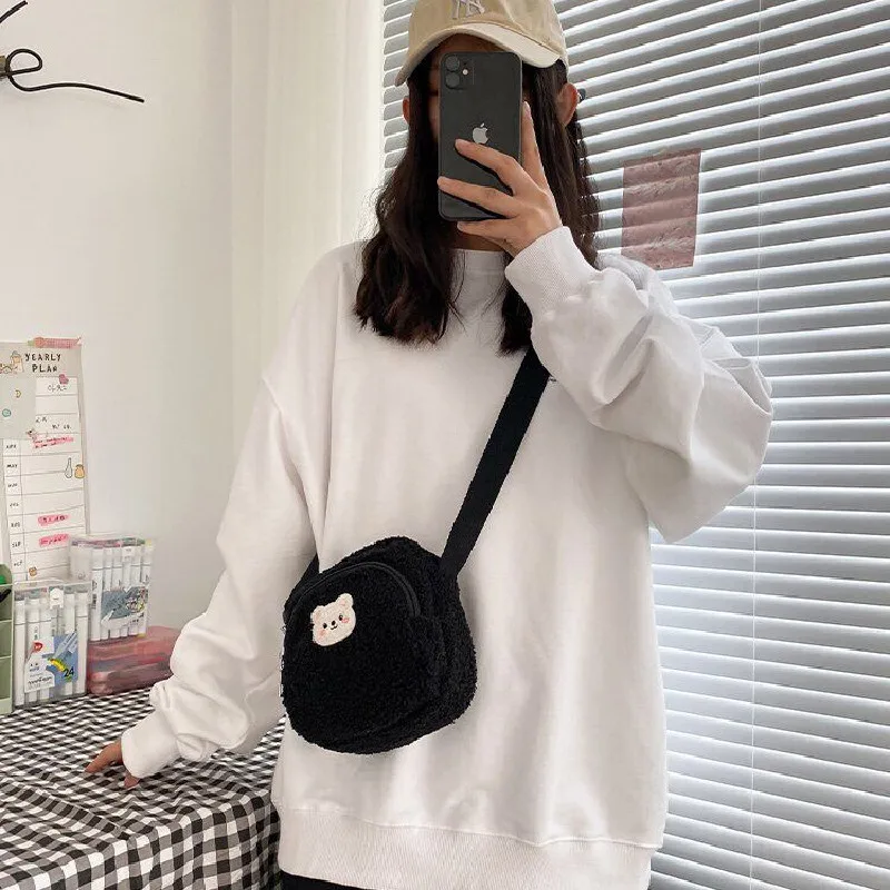 2022 new cute bear messenger bag women plush mobile phone bag girls small shoulder bag free global shipping