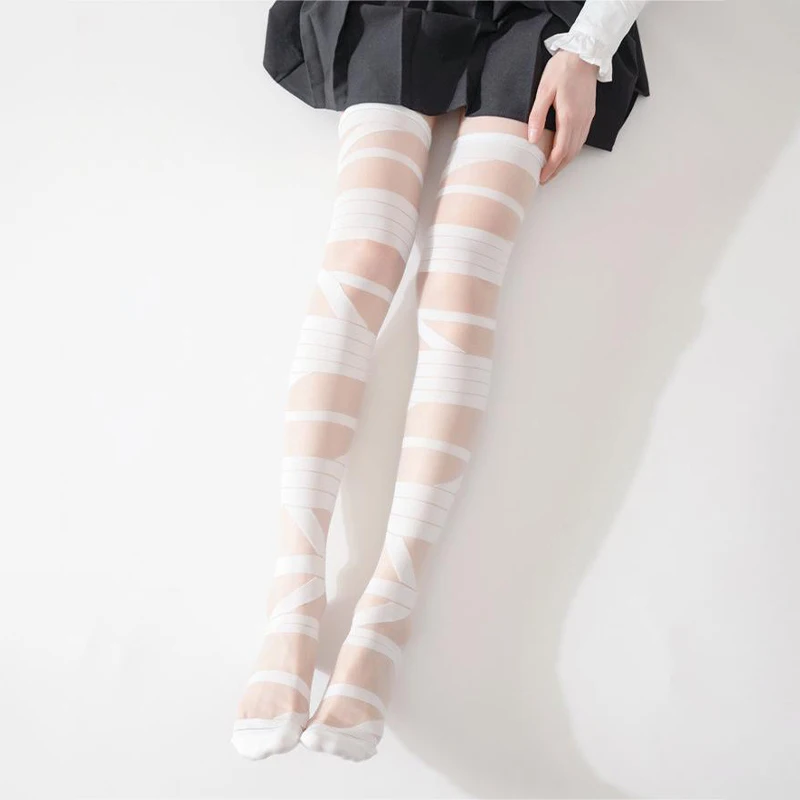 

1Pair White Bandage Glass Wool Transparent Knee Stockings Women Japanese Lolita Summer Cross Straps Sexy Piles Of White Sock